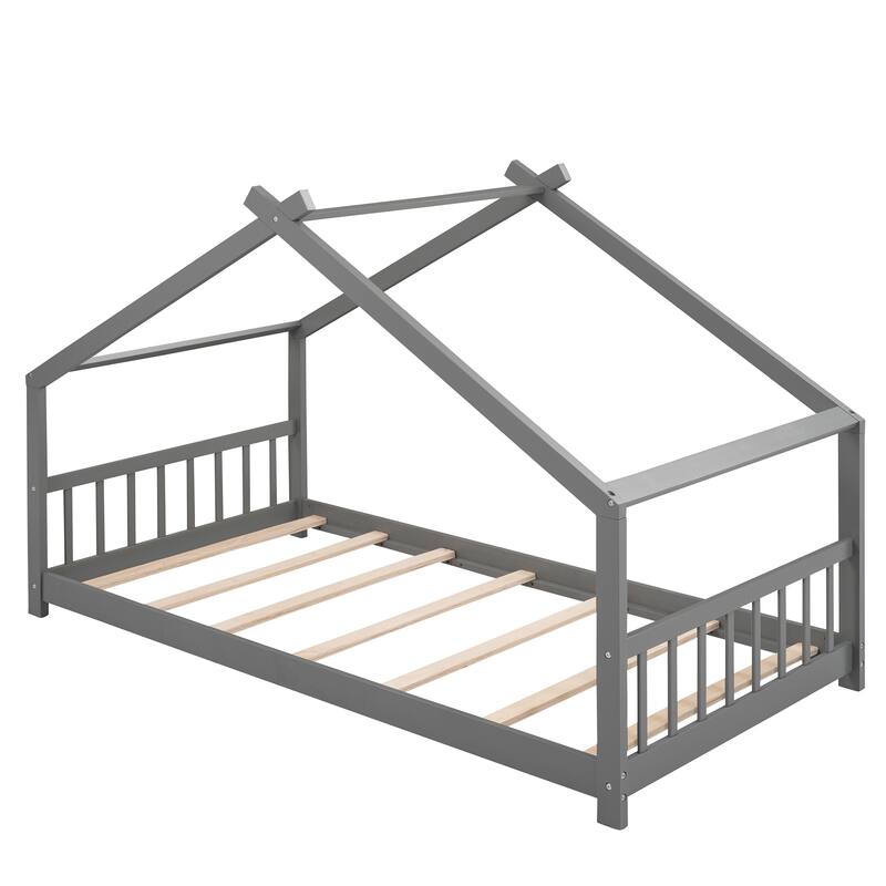 Twin Size House Bed Wood Bed,Featuring Roof