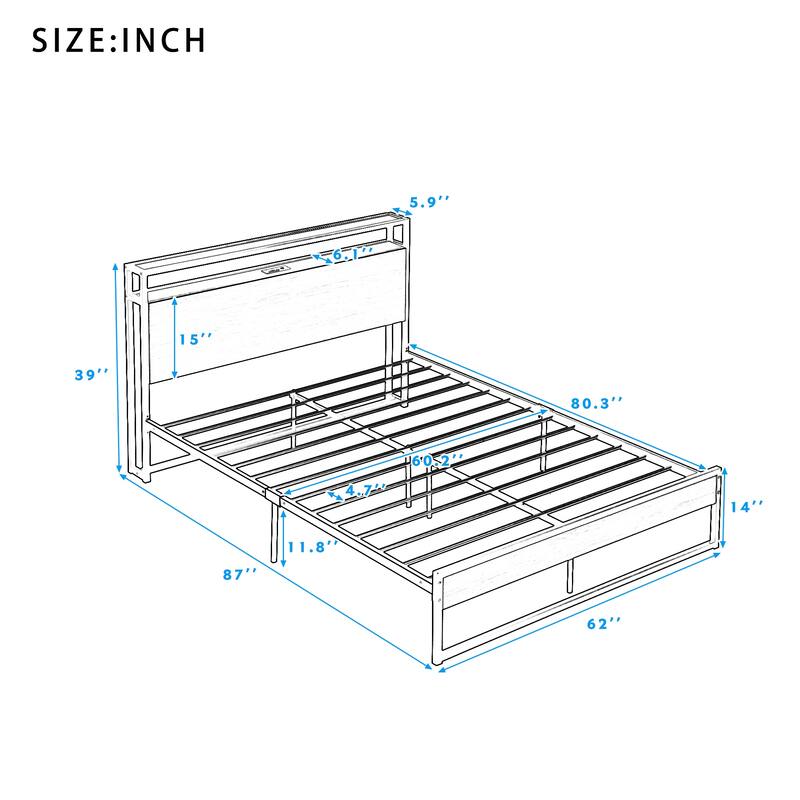 Queen Size Metal Platform Bed Frame with Sockets