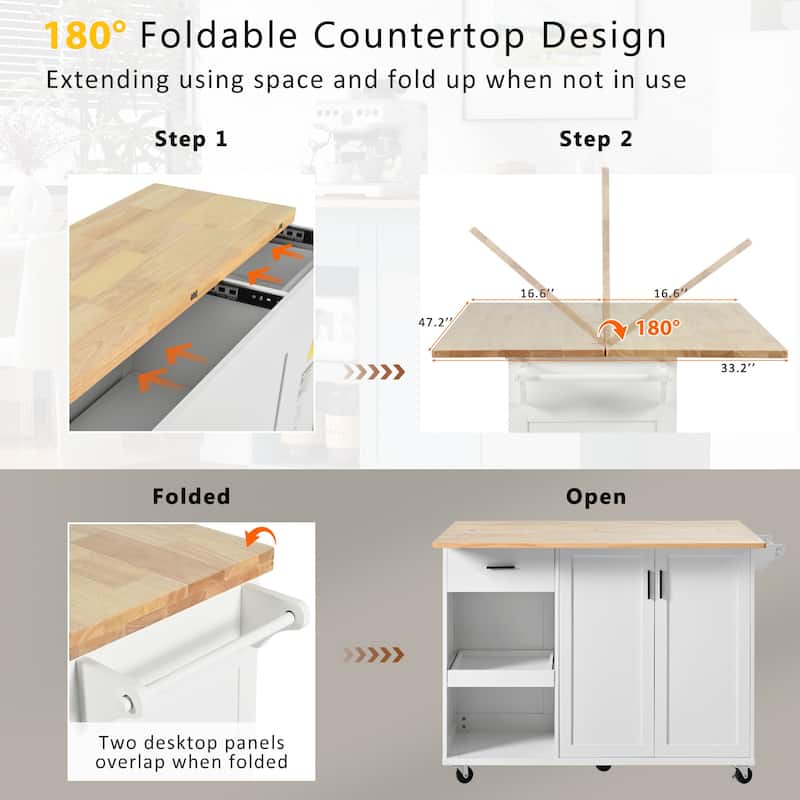 Kitchen Island with Foldable Counter Top, Kitchen Storage cart with Slide-Out Shelf, Towel Rack and Drawer