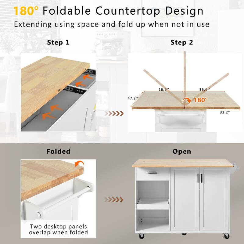 Space-Saving Kitchen Island with Foldable Countertop, Rolling Cart on Wheels, Towel Rack, Drawer & Slide-Out Shelf