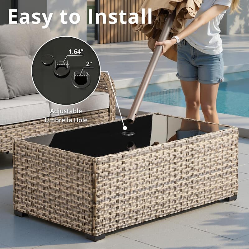 HOOOWOOO Wicker Rattan Patio Rectangle Coffee Table with Umbrella Hole