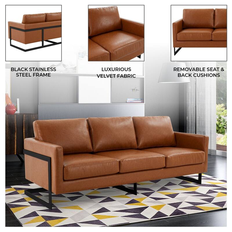 Lincoln Modern Minimalist Leather 3-Seater Sofa Couch w Removable Cushions in Stainless Steel Base for Living Room Bedroom