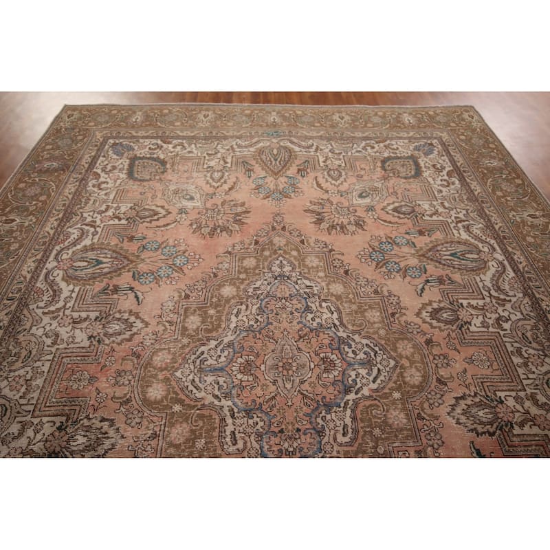 Distressed Tabriz Persian Vintage Rug Hand-Knotted Wool Carpet - 9'5" x 12'3"