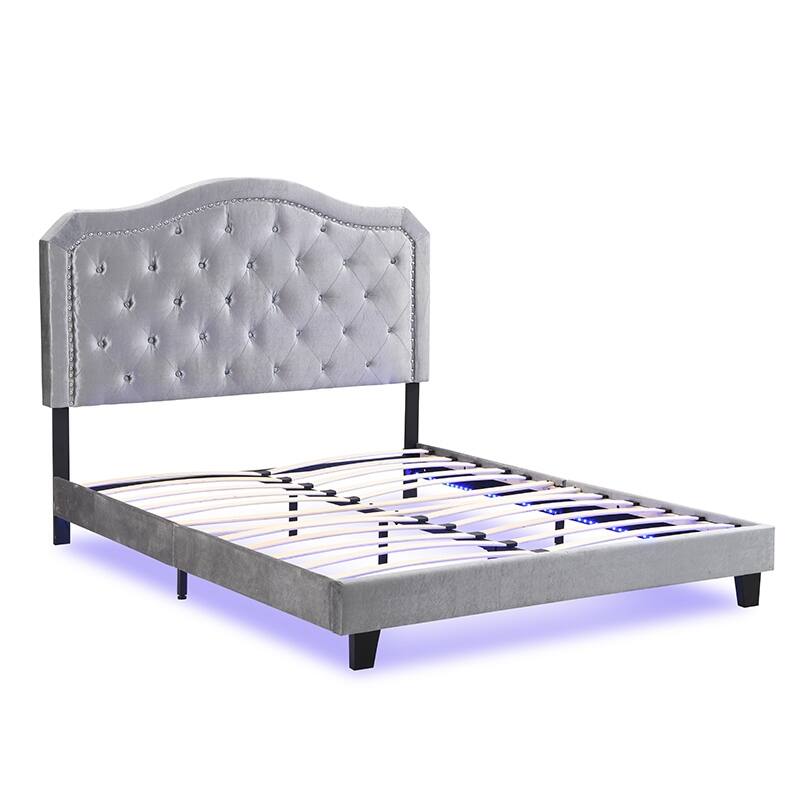 Elegant Upholstered Queen Bed with Button Tufted Curves, LED Lights, and Strong Wooden Slat Support, No Box Spring Needed