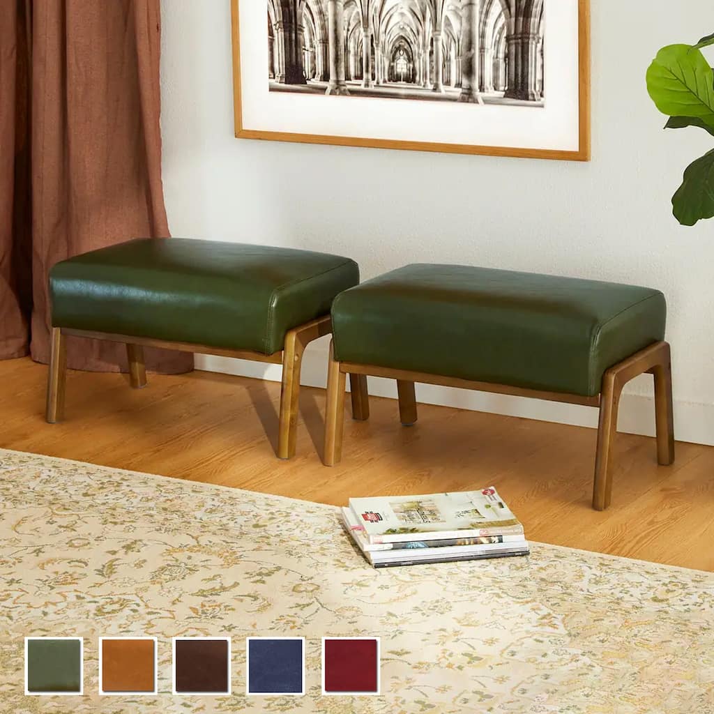 Glitzhome Set of 2 Mid-century Leatherette Ottoman Accent Stools