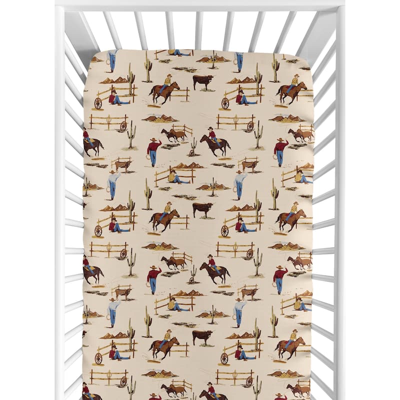 Wild West Collection Boy Jersey Knit Fitted Crib Sheet - Red, Blue, Tan Western Cowboy Southern Country Horse