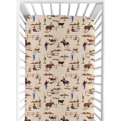 Wild West Collection Boy Jersey Knit Fitted Crib Sheet - Red, Blue, Tan Western Cowboy Southern Country Horse