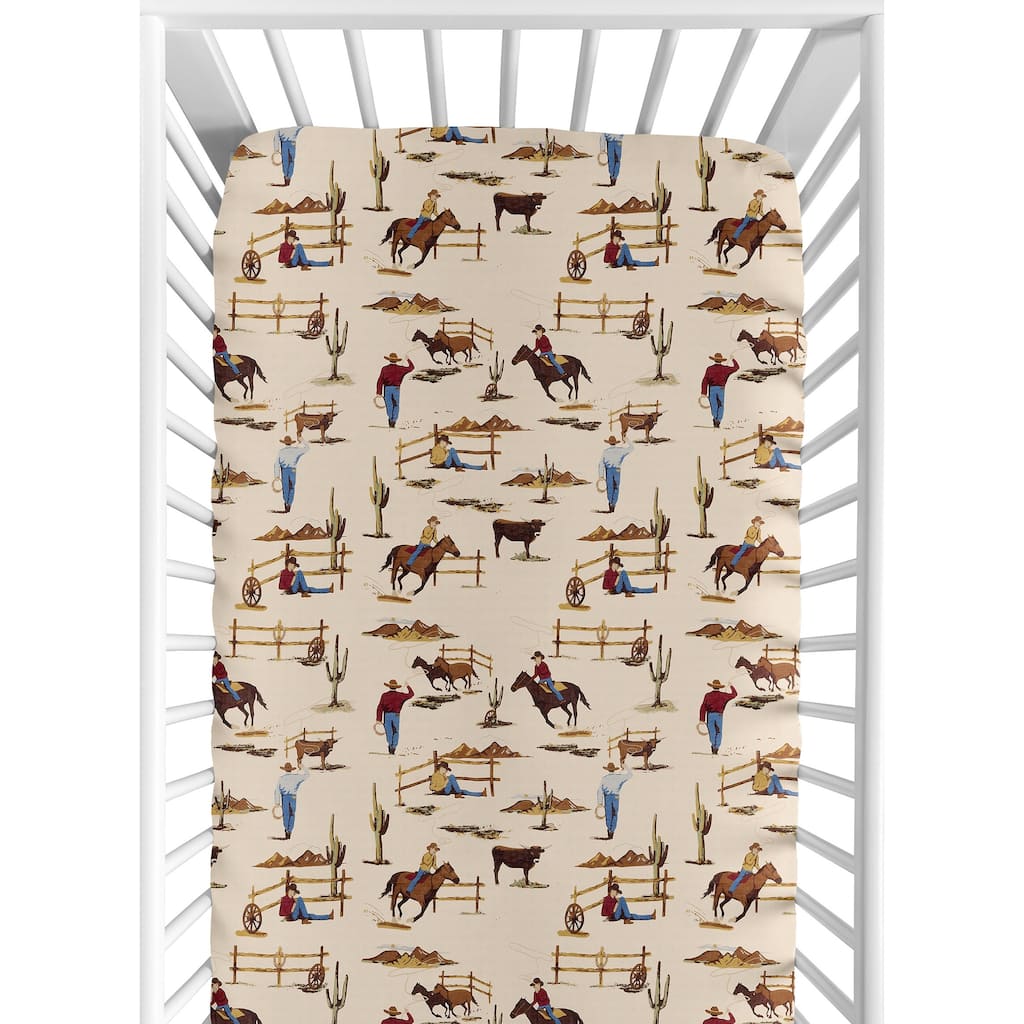 Wild West Collection Boy Jersey Knit Fitted Crib Sheet - Red, Blue, Tan Western Cowboy Southern Country Horse