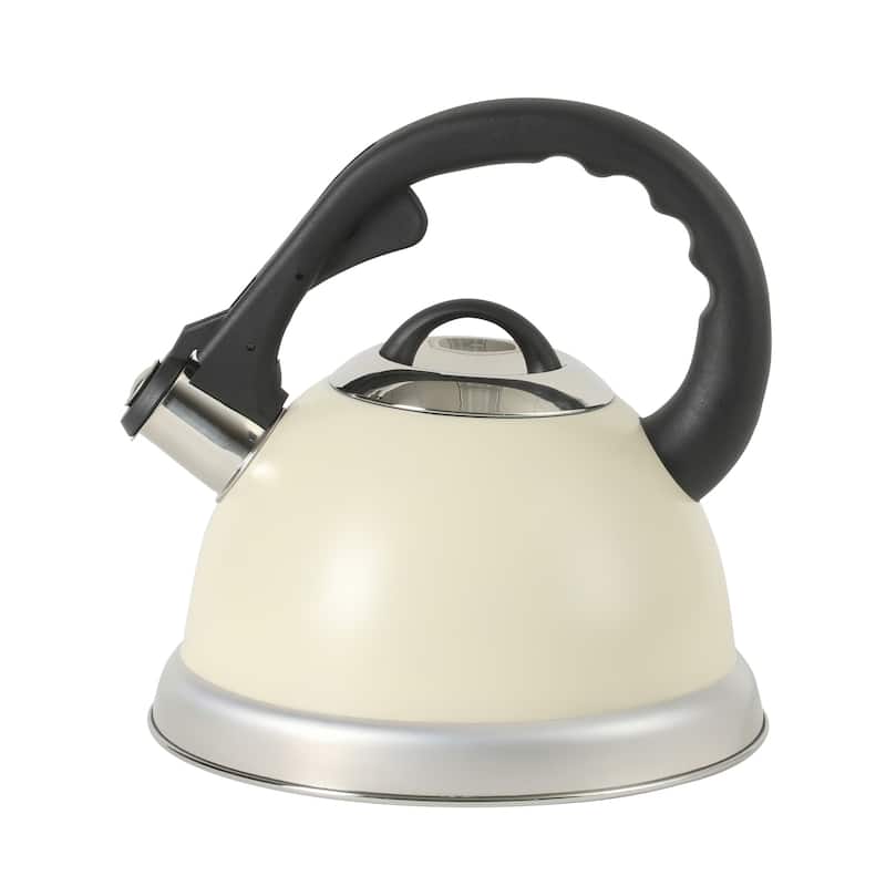 Oster Clarefield 2.4 Qt Whistling Tea Kettle with Lid, Heat-Resistant Nylon Handle and Knob, Stainless Steel Trim - Linen White