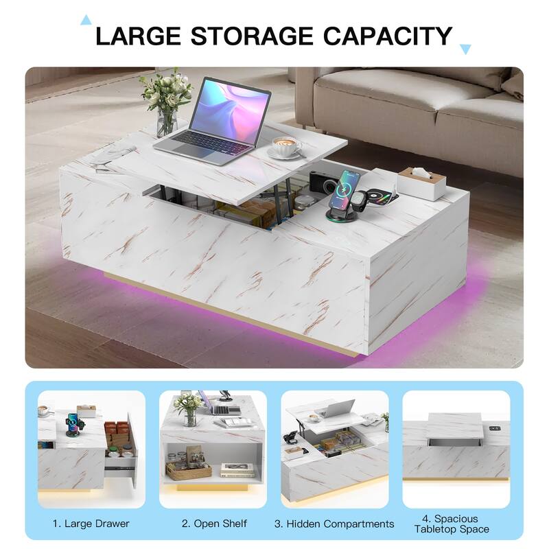 Pocassy LED Coffee Table 47.2" Coffee Tables with Storage Shelf