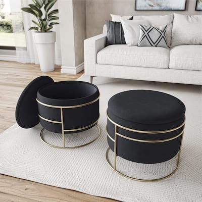 Elegant Round Storage Ottoman Comfortable choice, multiple functions, classic design, and cozy corners with Gold Frame,