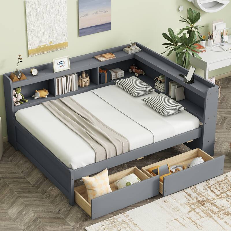 Corner Daybed Bookcases Bed with Power Outlets and Charging Ports, L-Shaped Storage Bed Frame Captains Bed with 2 Drawers - Grey - Full