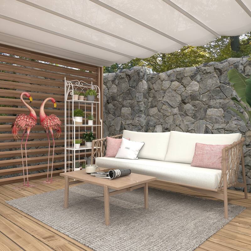 Pink Metal Indoor Outdoor Standing Flamingo Decorative Garden Sculpture with Yellow Accents and Coiled U Shaped Feet (Set of 2)