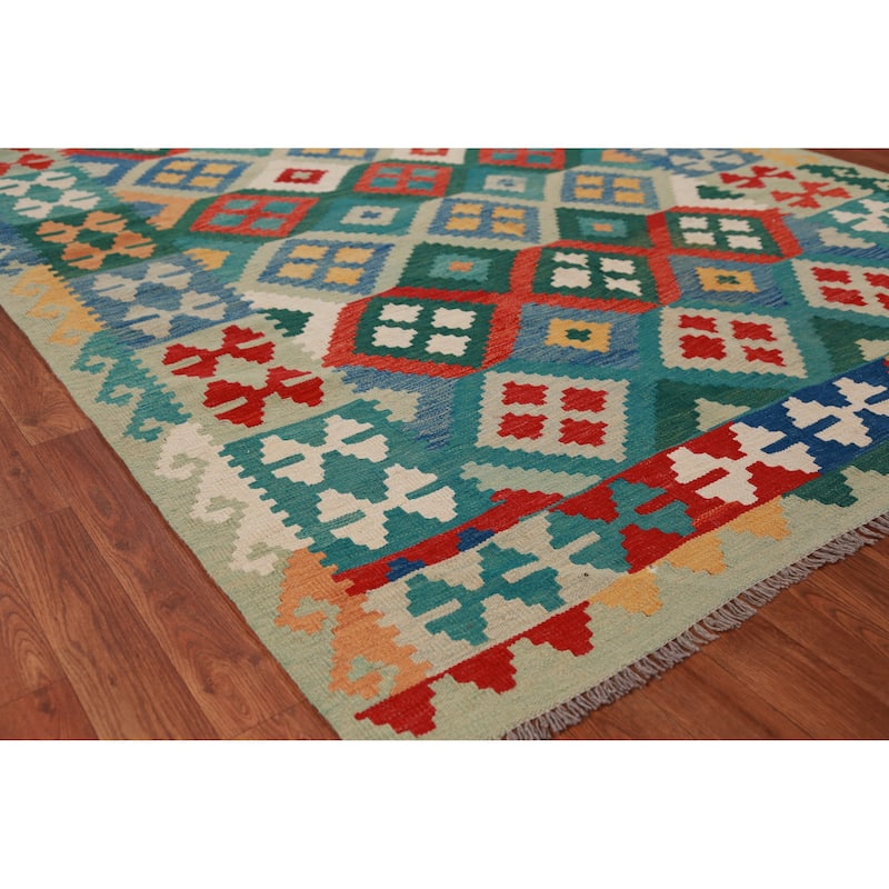 Hand Woven Oriental 100% Wool Carpet Southwestern Geometric Multi-Colored Kilim Area Rug - 8' 3'' X 5' 7''
