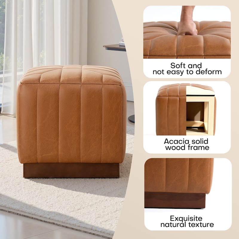 Tufted Square Ottoman Footstool Vanity Stool Sofa Side Table with Acacia Frame