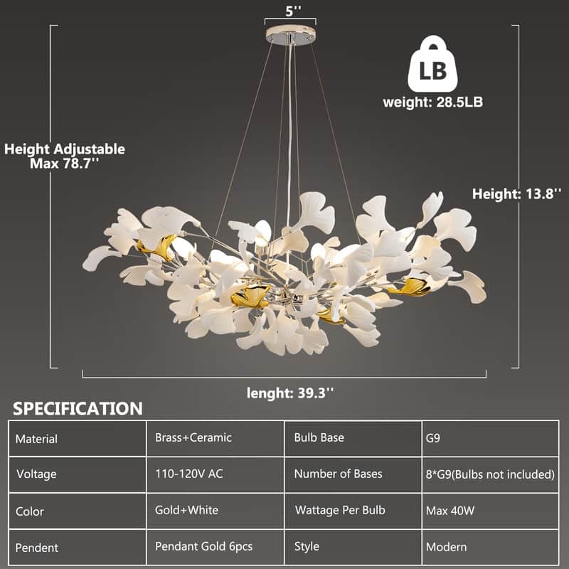 KAYLA Ceramic Ginkgo Leaf 8 -Light L40 Inch Chandelier