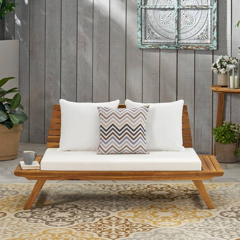 Roomfitters Outdoor Wood Loveseat with Cushions, Patio Seating Bench - Teak