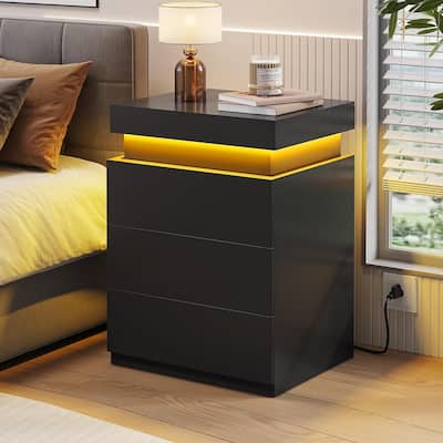 Bedroom Nightstand Charging Station LED Lights Sliding Top 3 Drawers