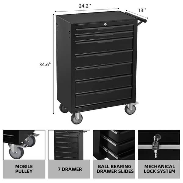 dimension image slide 1 of 2, 7-Drawer Rolling Metal Tool Box Chest Cabinet with Wheels and Cylinder Locking for Garage,Warehouse,Work Shop