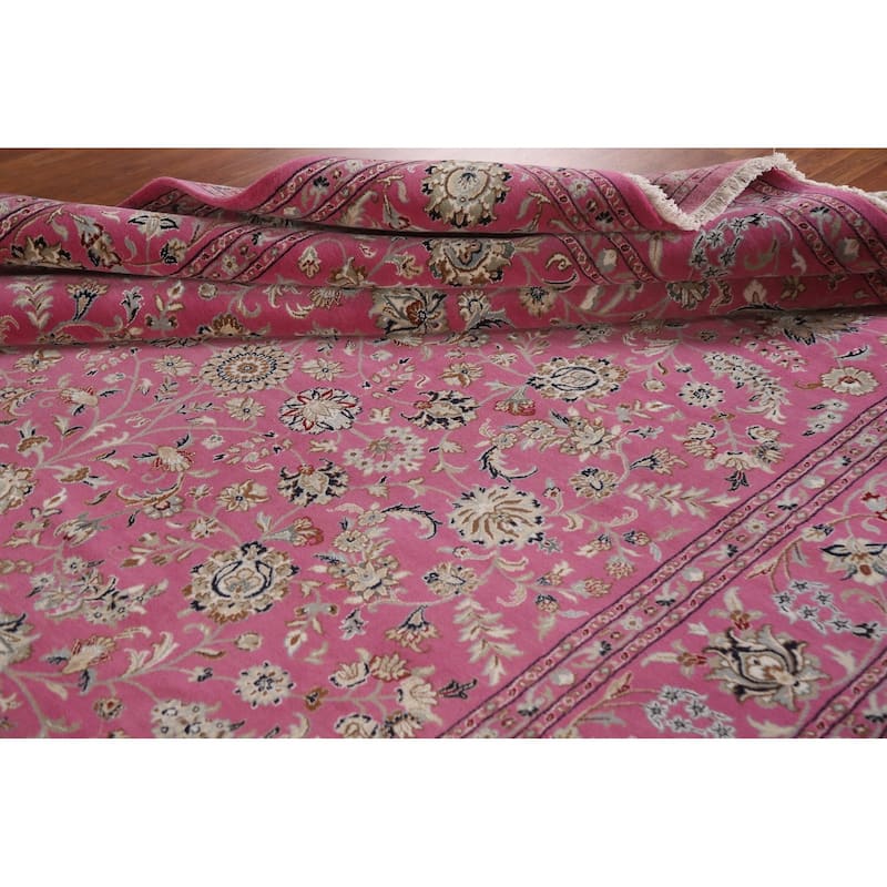 Floral Pink Kashan Oriental Area Rug Handmade Wool & Silk Carpet - 9'0"x 12'0"