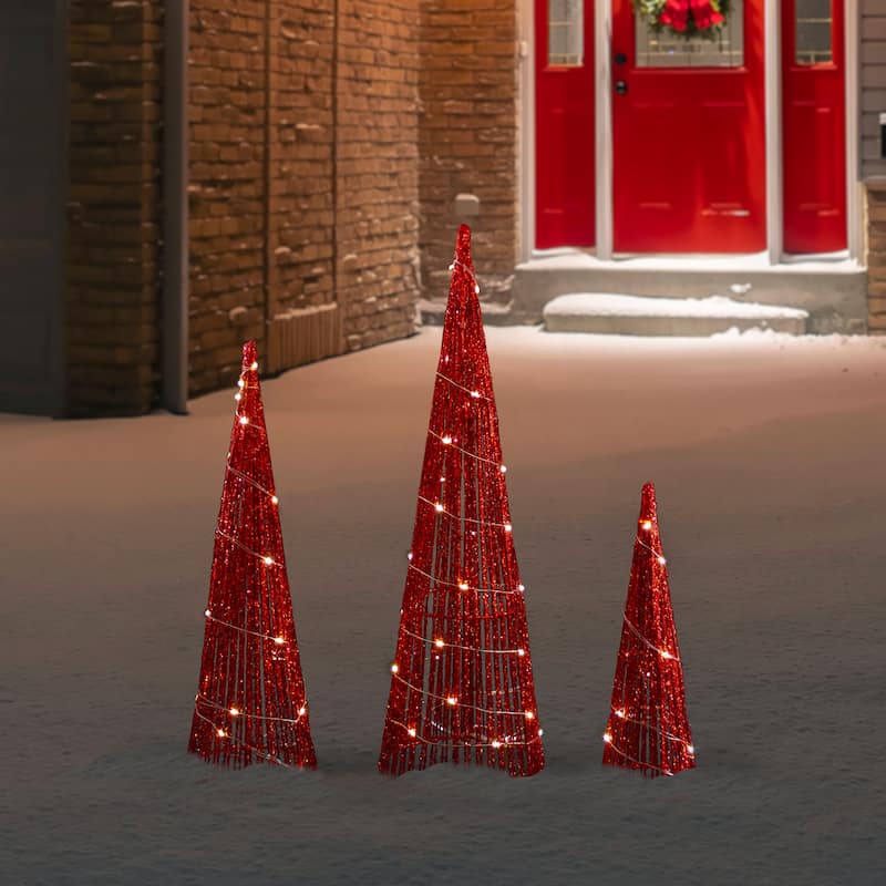Set of 3 LED Lighted Glitter Cone Tree Outdoor Christmas Decorations 23.5"