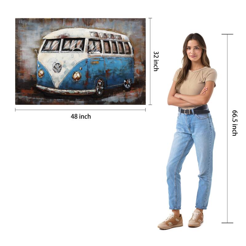 "Blue bus" Mixed Media Iron Hand Painted 3D Wall Sculpture