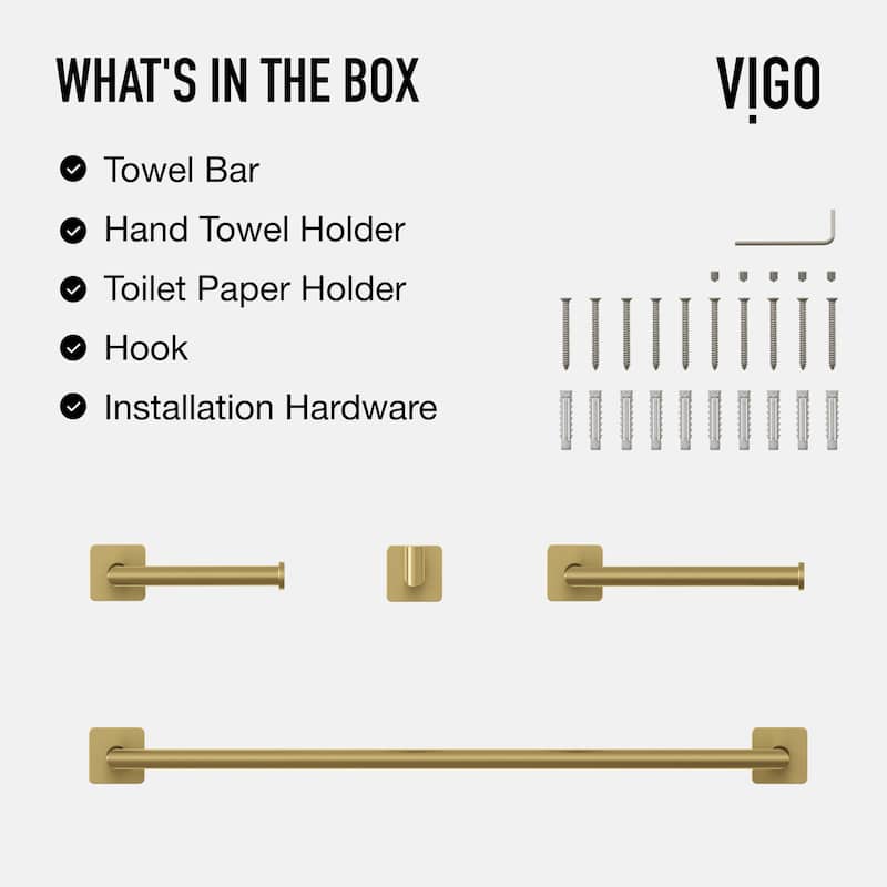 VIGO Satro 4-Piece Bathroom Hardware Accessory Set with 24 in. Towel Bar, Toilet Paper Holder, Hand Towel Holder, Hook