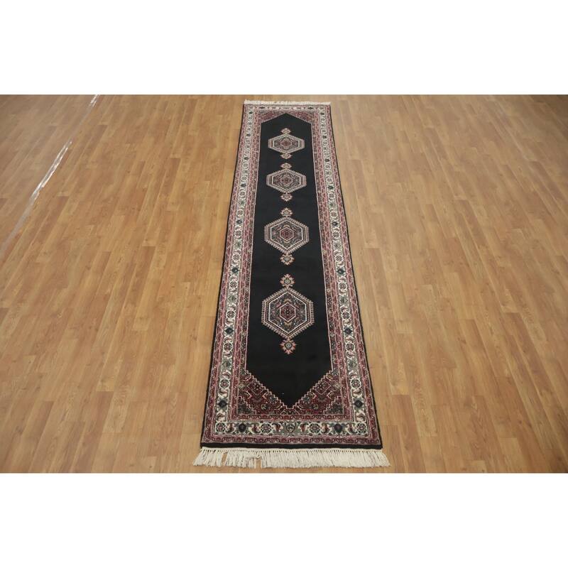 Hand Knotted Oriental 100% Wool Carpet Traditional Geometric Black Bidjar Runner Rug - 10' 2'' X 2' 5''