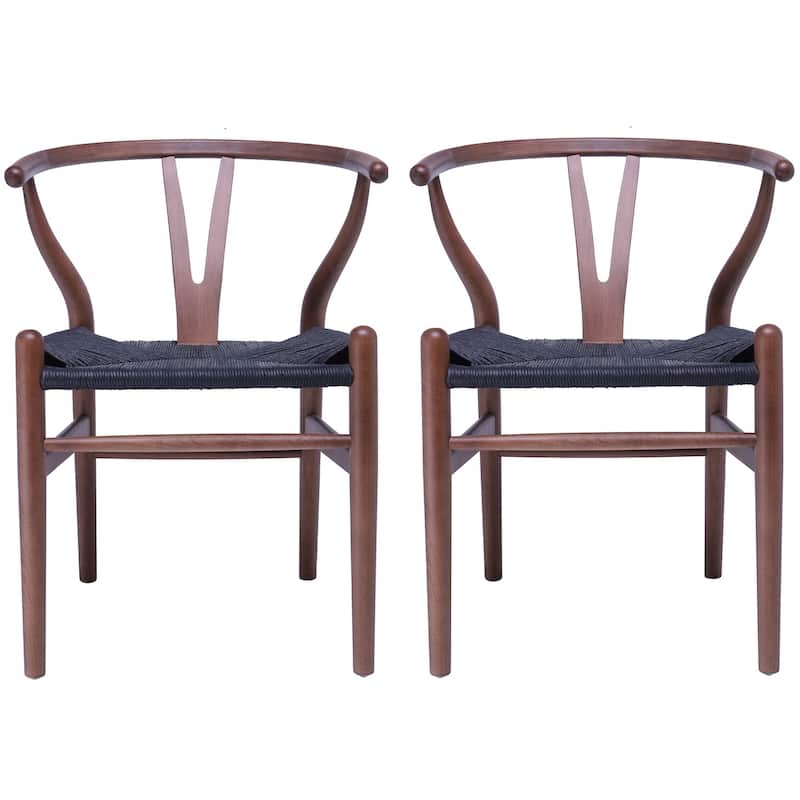 Farmhouse Dining Chairs Organic Round Arms Y-back Wood with Woven Black Seats For Kitchen Hotel Restaurants (Set of 2)