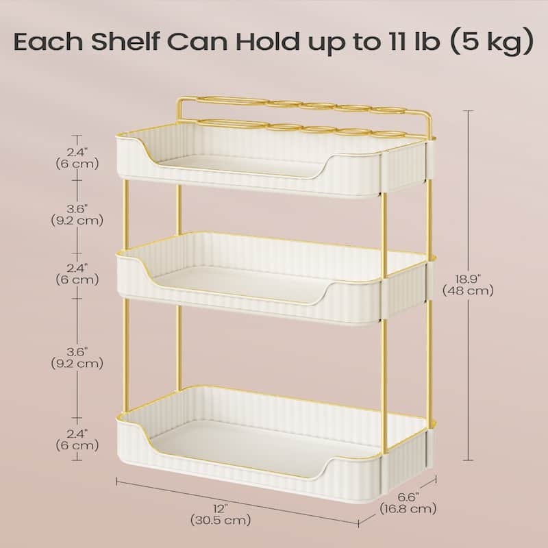 3-Tier Vertical Makeup Storage Organizer with Plated Metal Frame and Handle - 6.6”D x 12”W x 18.9”H