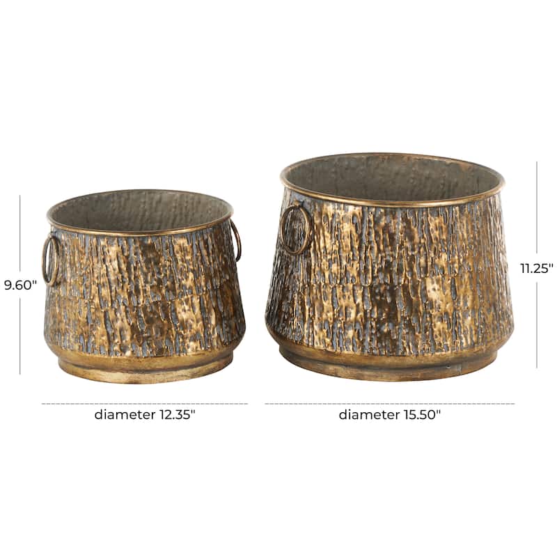 Metal Abstract Textured Planter with Gray Weathered Spots and Ring Handles - Set of 2 Brass - Roche River Decor
