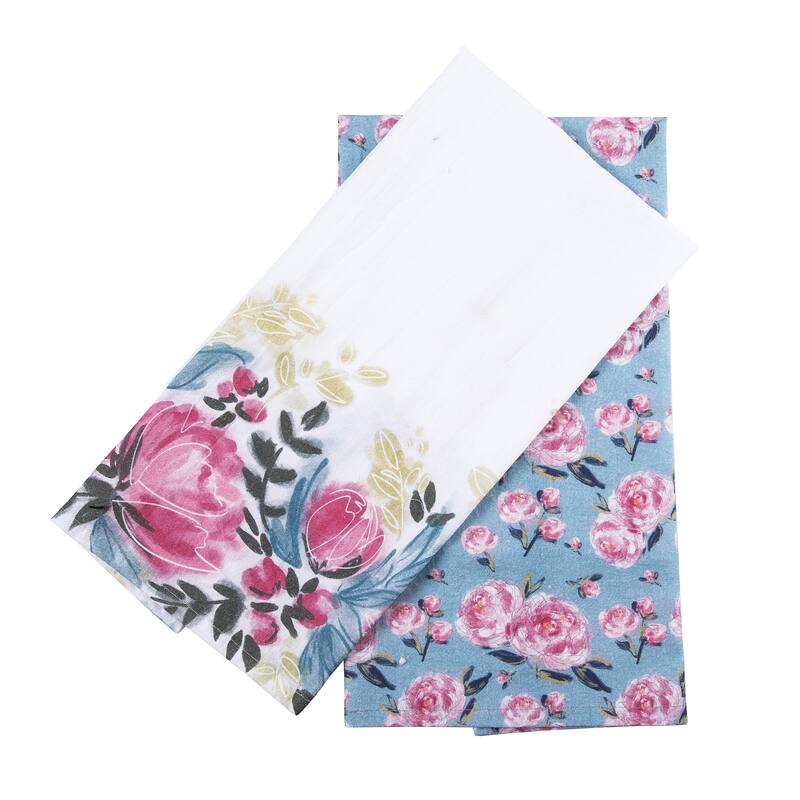 Transpac Cotton Peonies Tea Towels Set of 2 Everyday Home Decorations
