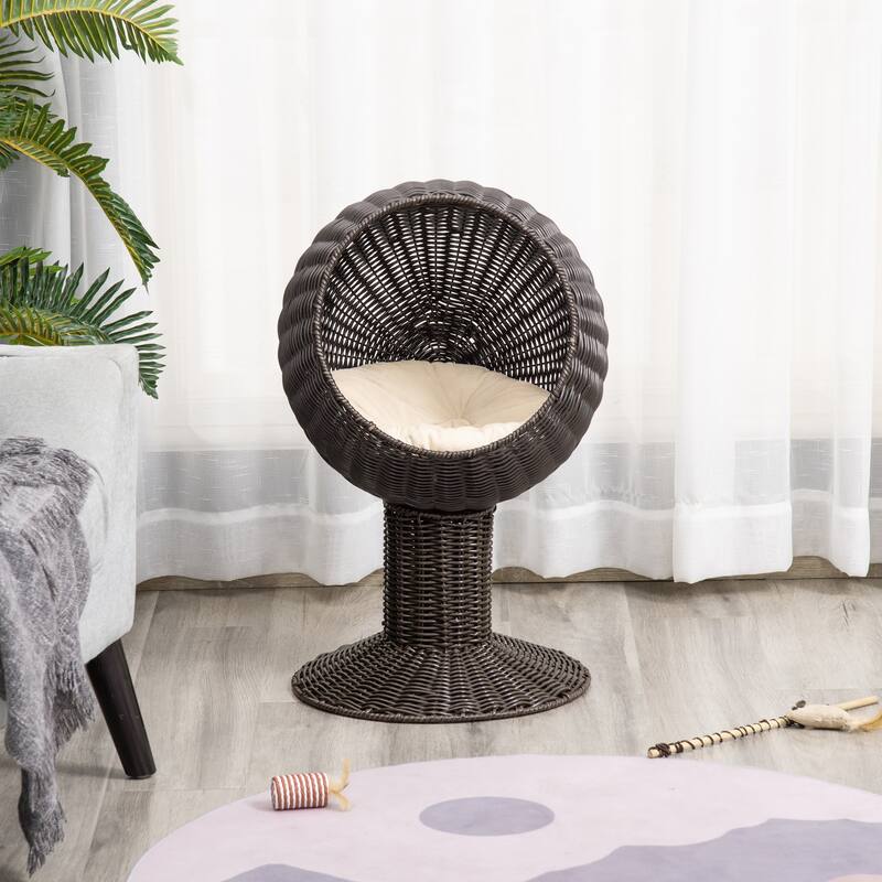 Pawhut Hooded Rattan Wicker Elevated Cat Bed