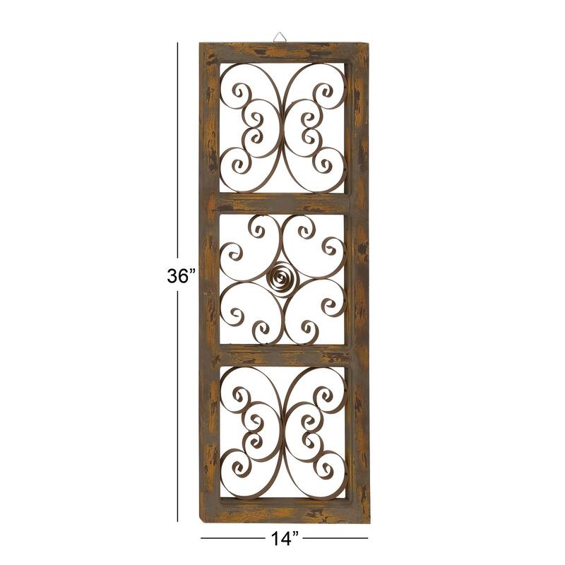 Brown Wood Distressed Panel Scroll Home Wall Decor with Bronze Metal Scrollwork