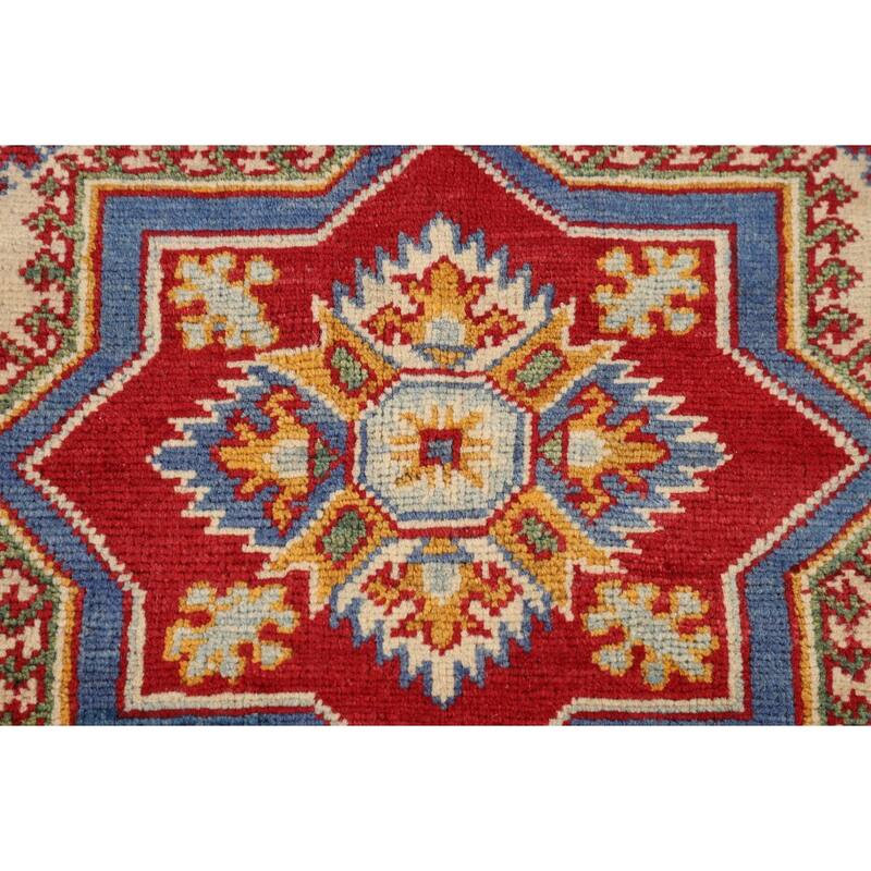Geometric Kazak Oriental Area Rug Hand-Knotted Beige Wool Carpet - 4'11" x 6'4"