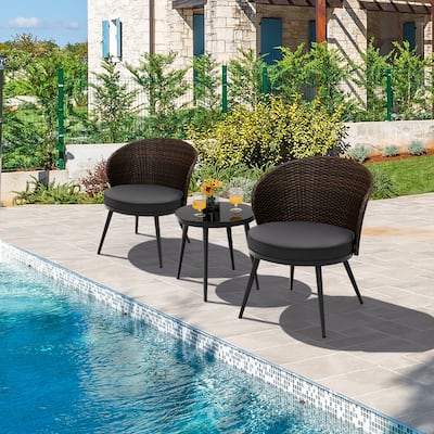 3PCS Patio Rattan Bistro Furniture Set Cushioned Chair Table Garden