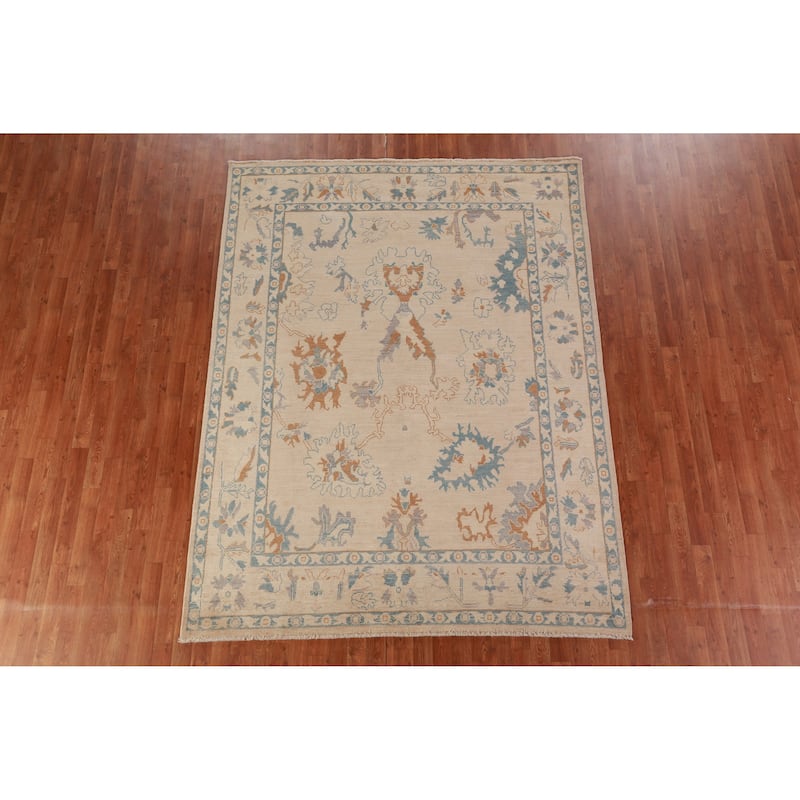 Hand Knotted Oriental 100% Wool Carpet Transitional All-Over Beige & Ivories Oushak Area Rug - 8' 5'' X 6' 6''