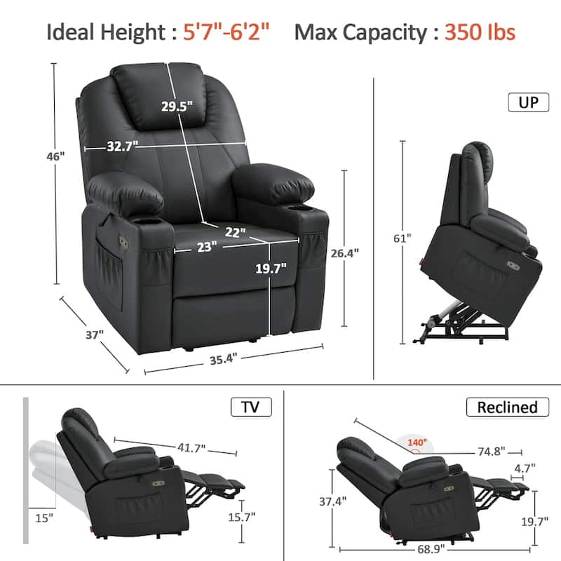 MCombo Large Power Lift Recliner Leather Chair with Massage, Heat, Cup Holders,Extended Footrest, Leather 7516