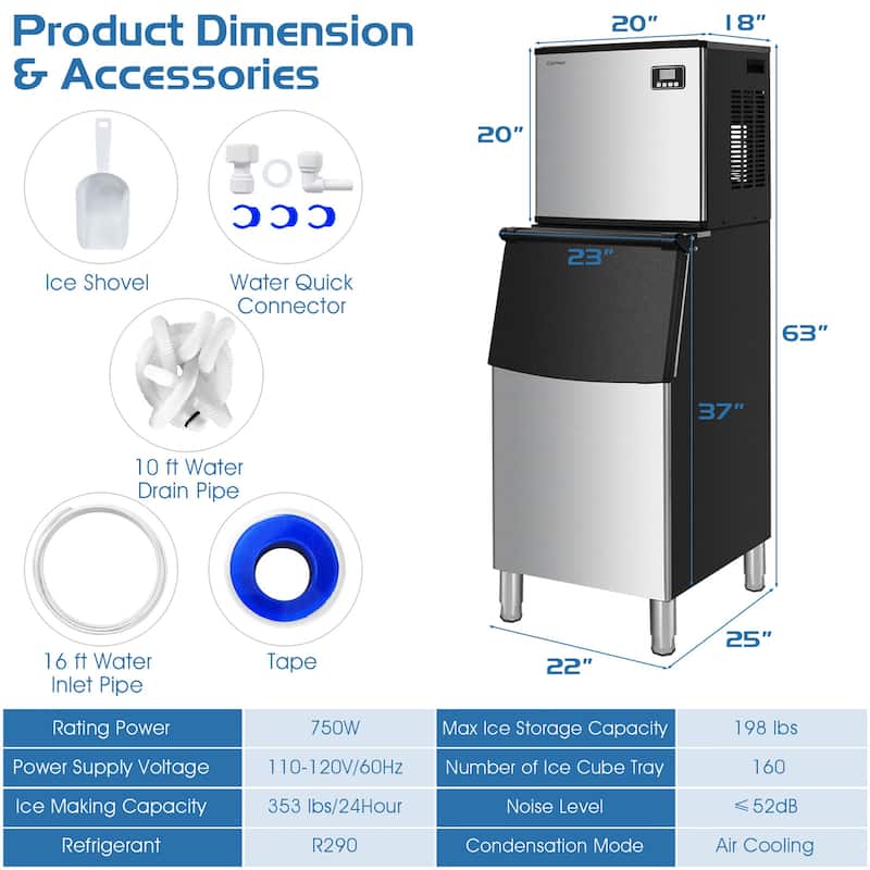 Costway Split Commercial Ice Maker 353LBS/24H Ice Machine w/ 198 LBS - See Details