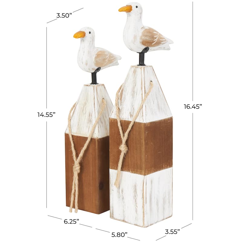 Wooden Bird Sculpture with White Distressed Buoy Posts - Set of 2 Brown - Roche River Decor - 4"W x 6"L x 16"H