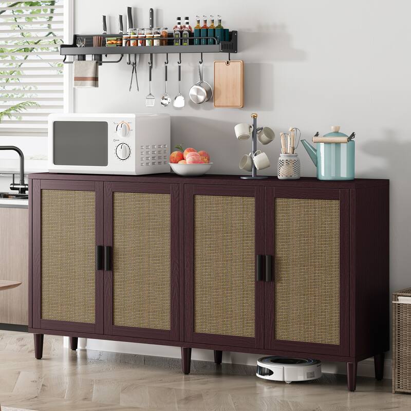 Rattan Sideboard Buffet Cabinet, 70" Storage Cabinet with Adjustable Shelves, Farmhouse Credenza Coffee Bar Cabinets w/ 4 Doors聽