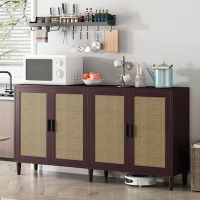 Sideboard with Rattan Decorative Doors, Multifunctional Wooden Storage Cabinet, Entryway Table with Adjustable Shelves