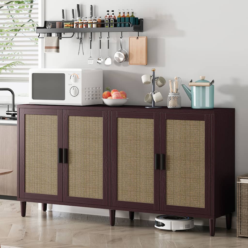 Sideboard with Rattan Decorative Doors, Multifunctional Wooden Storage Cabinet, Entryway Table with Adjustable Shelves
