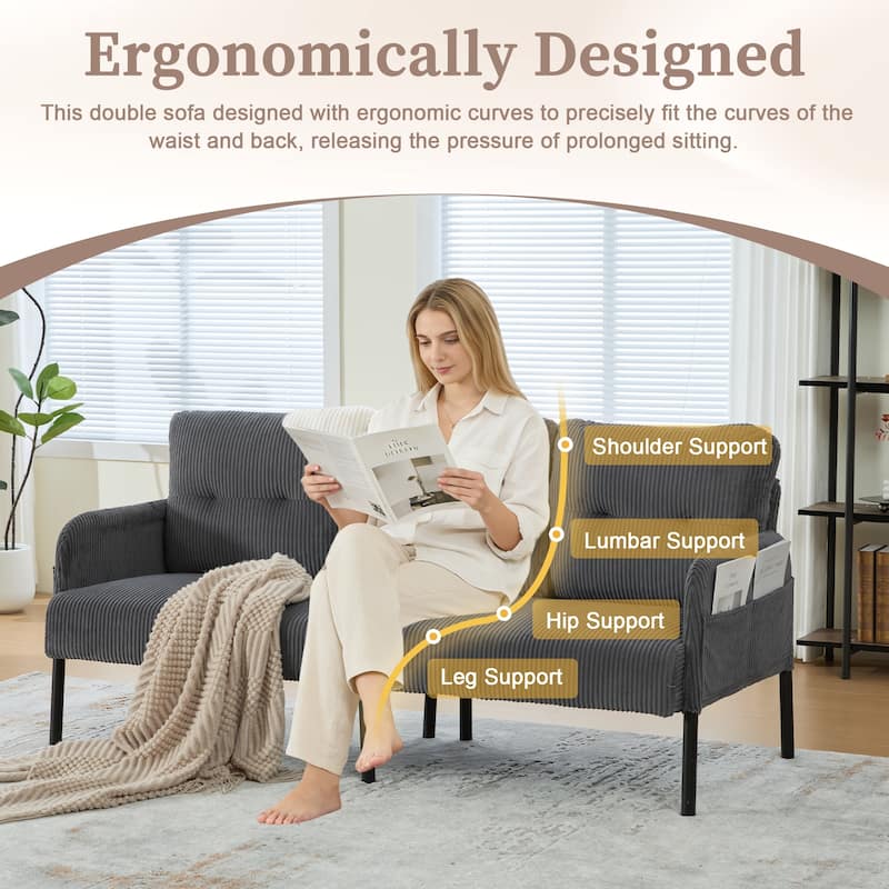 HOMEFUN Corduroy Upholstered Oversized Wood Frame Loveseat Sofa with Metal Legs and Side Pockets