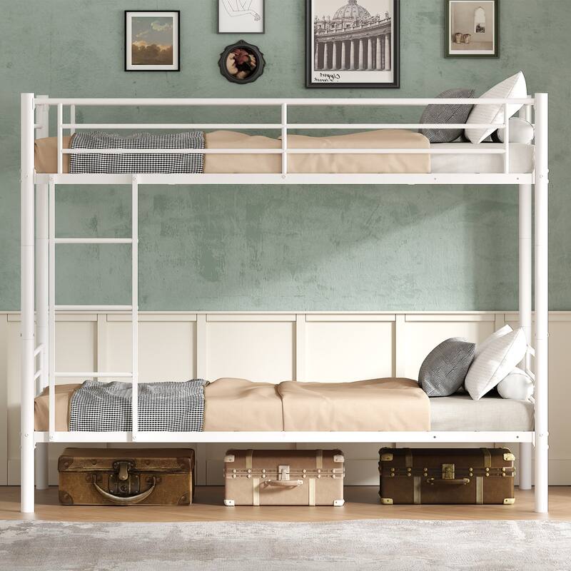 Bunk Bed Twin Over Twin, Metal Bunk Bed with Built-in Ladder and Safety Guardrail, Space-Saving Twin Bunk Beds