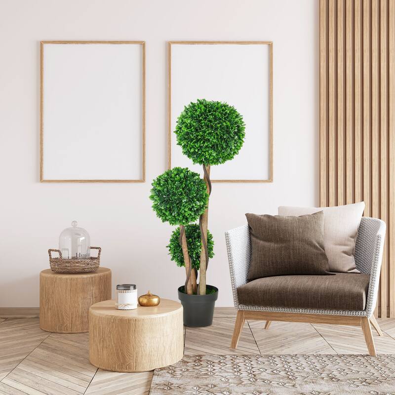 HOMCOM 3.5ft/43.25" Artificial 3 Ball Boxwood Topiary Tree with Pot, Indoor Outdoor Fake Plant for Home Office