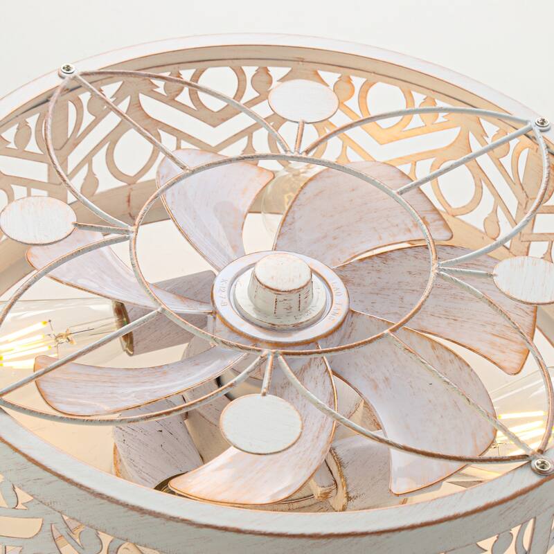 16.5" Vintage Distressed White 7-Blade Caged Ceiling Fan with Remote and Light