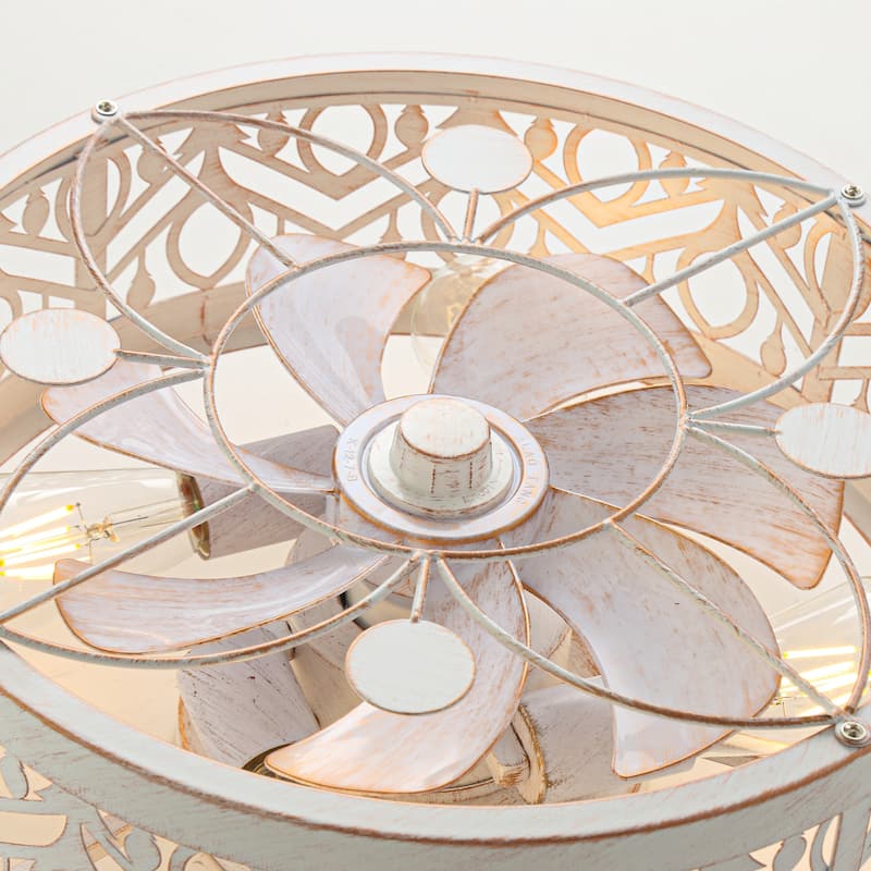 16.5in Vintage Distressed White Flush Mount Caged Ceiling Fan with Remote Light(7-Blade)