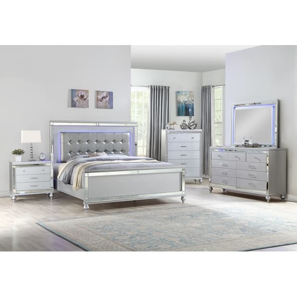 slide 2 of 7, Sterling 4PC/5PC Contemporary Bedroom Set with Mirror Accents and LED Enhancements Silver - Full - 5 Piece