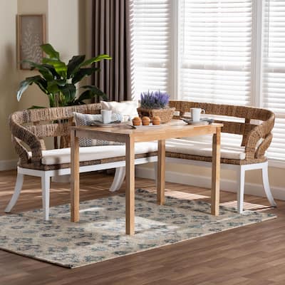 Ubud Seagrass Dining Nook Set with Wood Table - Coastal Farmhouse Breakfast Furniture Set